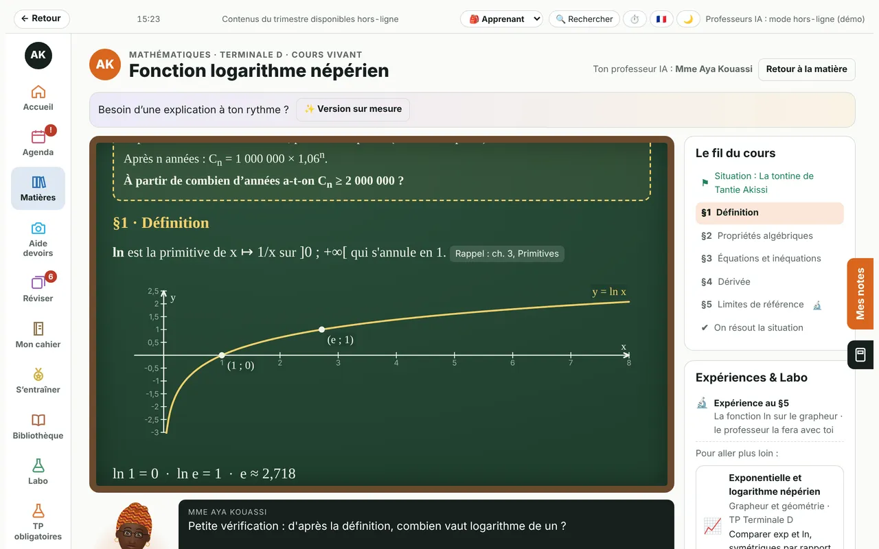 Écran de l’application Kalan pendant un cours de mathématiques sur le logarithme népérien.