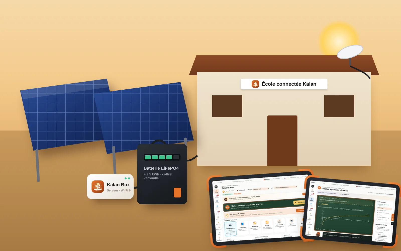 Kit Kalan Solaire installé dans une école rurale : panneaux solaires, batterie, Kalan Box et antenne satellite sur le toit, tablettes en usage.